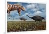 A Tyrannosaurus Rex Hunting Down a Pair of Ankylosaurus Dinosaurs-null-Framed Art Print