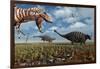 A Tyrannosaurus Rex Hunting Down a Pair of Ankylosaurus Dinosaurs-null-Framed Art Print