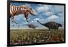 A Tyrannosaurus Rex Hunting Down a Pair of Ankylosaurus Dinosaurs-null-Framed Art Print