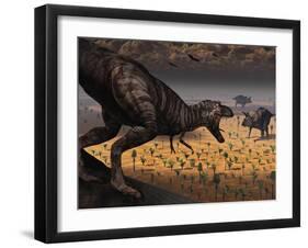 A Tyrannosaurus Rex Spots Two Passing Triceratops-Stocktrek Images-Framed Photographic Print