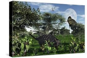A Tyrannosaurus Rex Stalking a Herbivorous Ankylosaurus-null-Stretched Canvas