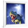 A Tyrannosaurus Rex with a Blue Stormy Sky and Lightning Behind It-null-Framed Art Print