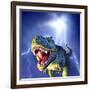 A Tyrannosaurus Rex with a Blue Stormy Sky and Lightning Behind It-null-Framed Art Print