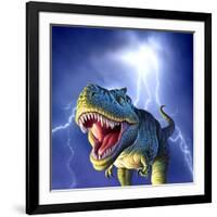 A Tyrannosaurus Rex with a Blue Stormy Sky and Lightning Behind It-null-Framed Art Print