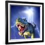 A Tyrannosaurus Rex with a Blue Stormy Sky and Lightning Behind It-null-Framed Art Print