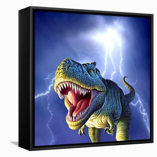 A Tyrannosaurus Rex with a Blue Stormy Sky and Lightning Behind It-null-Framed Stretched Canvas