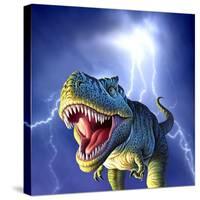 A Tyrannosaurus Rex with a Blue Stormy Sky and Lightning Behind It-null-Stretched Canvas