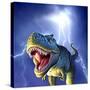 A Tyrannosaurus Rex with a Blue Stormy Sky and Lightning Behind It-null-Stretched Canvas