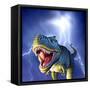 A Tyrannosaurus Rex with a Blue Stormy Sky and Lightning Behind It-null-Framed Stretched Canvas