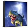 A Tyrannosaurus Rex with a Blue Stormy Sky and Lightning Behind It-null-Framed Stretched Canvas