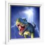 A Tyrannosaurus Rex with a Blue Stormy Sky and Lightning Behind It-null-Framed Art Print