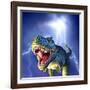 A Tyrannosaurus Rex with a Blue Stormy Sky and Lightning Behind It-null-Framed Art Print