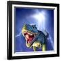 A Tyrannosaurus Rex with a Blue Stormy Sky and Lightning Behind It-null-Framed Art Print