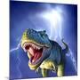 A Tyrannosaurus Rex with a Blue Stormy Sky and Lightning Behind It-null-Mounted Art Print