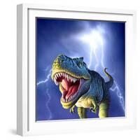 A Tyrannosaurus Rex with a Blue Stormy Sky and Lightning Behind It-null-Framed Art Print