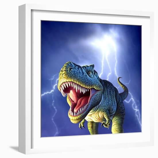 A Tyrannosaurus Rex with a Blue Stormy Sky and Lightning Behind It-null-Framed Art Print