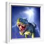 A Tyrannosaurus Rex with a Blue Stormy Sky and Lightning Behind It-null-Framed Art Print