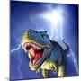 A Tyrannosaurus Rex with a Blue Stormy Sky and Lightning Behind It-null-Mounted Art Print