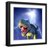 A Tyrannosaurus Rex with a Blue Stormy Sky and Lightning Behind It-null-Framed Art Print