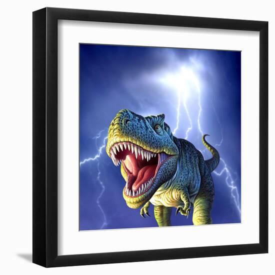 A Tyrannosaurus Rex with a Blue Stormy Sky and Lightning Behind It-null-Framed Art Print