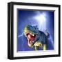 A Tyrannosaurus Rex with a Blue Stormy Sky and Lightning Behind It-null-Framed Art Print