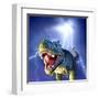 A Tyrannosaurus Rex with a Blue Stormy Sky and Lightning Behind It-null-Framed Art Print