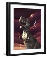 A Tyrannosaurus Rex with a Red Stormy Sky and Lightning Behind It-null-Framed Art Print