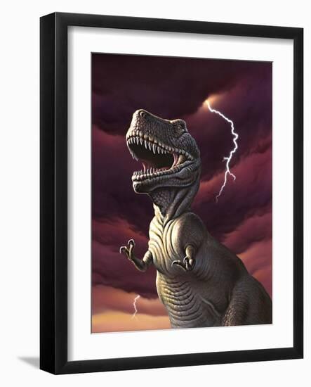 A Tyrannosaurus Rex with a Red Stormy Sky and Lightning Behind It-null-Framed Art Print