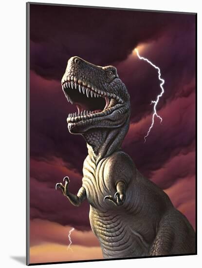 A Tyrannosaurus Rex with a Red Stormy Sky and Lightning Behind It-null-Mounted Art Print