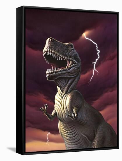 A Tyrannosaurus Rex with a Red Stormy Sky and Lightning Behind It-null-Framed Stretched Canvas