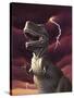 A Tyrannosaurus Rex with a Red Stormy Sky and Lightning Behind It-null-Stretched Canvas