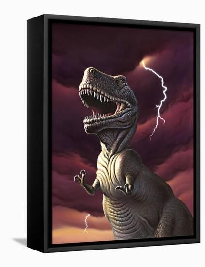 A Tyrannosaurus Rex with a Red Stormy Sky and Lightning Behind It-null-Framed Stretched Canvas