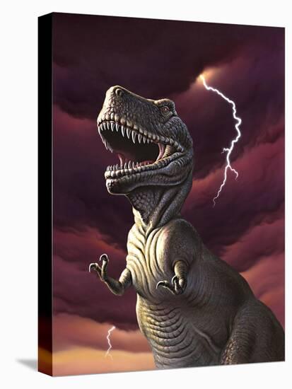 A Tyrannosaurus Rex with a Red Stormy Sky and Lightning Behind It-null-Stretched Canvas