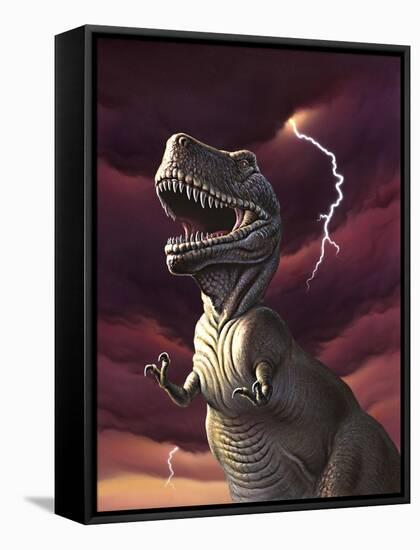 A Tyrannosaurus Rex with a Red Stormy Sky and Lightning Behind It-null-Framed Stretched Canvas