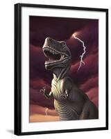 A Tyrannosaurus Rex with a Red Stormy Sky and Lightning Behind It-null-Framed Art Print