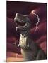 A Tyrannosaurus Rex with a Red Stormy Sky and Lightning Behind It-null-Mounted Art Print