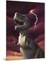 A Tyrannosaurus Rex with a Red Stormy Sky and Lightning Behind It-null-Mounted Art Print