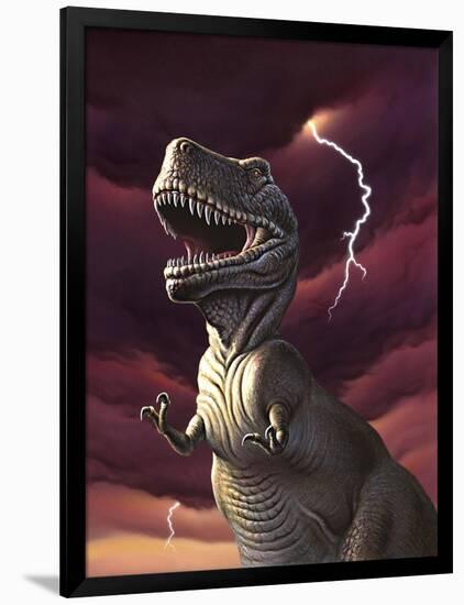 A Tyrannosaurus Rex with a Red Stormy Sky and Lightning Behind It-null-Framed Art Print