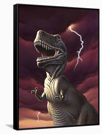 A Tyrannosaurus Rex with a Red Stormy Sky and Lightning Behind It-null-Framed Stretched Canvas