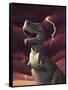 A Tyrannosaurus Rex with a Red Stormy Sky and Lightning Behind It-null-Framed Stretched Canvas