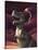 A Tyrannosaurus Rex with a Red Stormy Sky and Lightning Behind It-null-Stretched Canvas