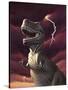 A Tyrannosaurus Rex with a Red Stormy Sky and Lightning Behind It-null-Stretched Canvas