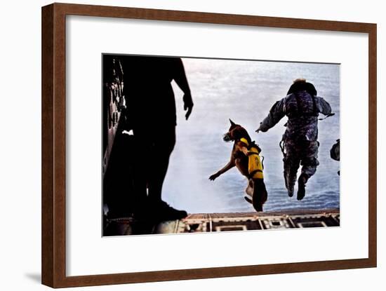 A U.S. Soldier And His Military Working Dog Jump Off the Ramp of a CH-47 Chinook-Stocktrek Images-Framed Art Print