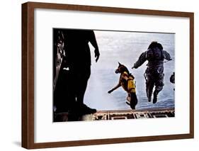 A U.S. Soldier And His Military Working Dog Jump Off the Ramp of a CH-47 Chinook-Stocktrek Images-Framed Art Print