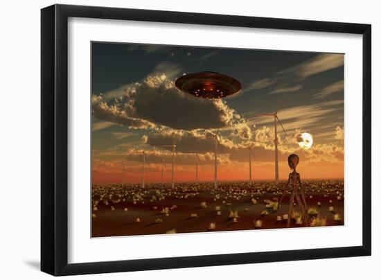 A Ufo and Alien on a Desert Wind Farm-Stocktrek Images-Framed Art Print