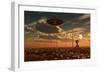 A Ufo and Alien on a Desert Wind Farm-Stocktrek Images-Framed Art Print