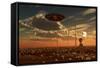 A Ufo and Alien on a Desert Wind Farm-Stocktrek Images-Framed Stretched Canvas