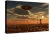 A Ufo and Alien on a Desert Wind Farm-Stocktrek Images-Stretched Canvas