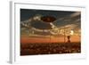 A Ufo and Alien on a Desert Wind Farm-Stocktrek Images-Framed Art Print