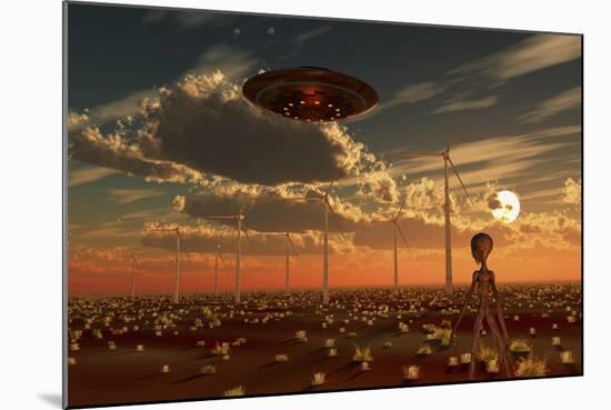 A Ufo and Alien on a Desert Wind Farm-Stocktrek Images-Mounted Art Print